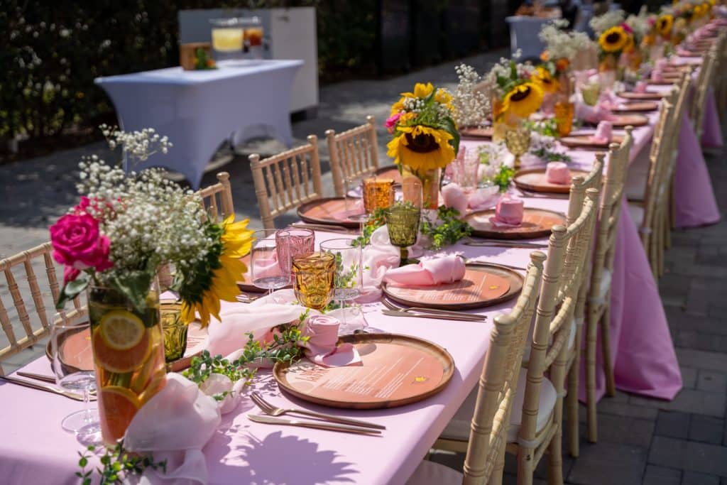lavender and gold colorful linens and chairs from Echo Event Rentals