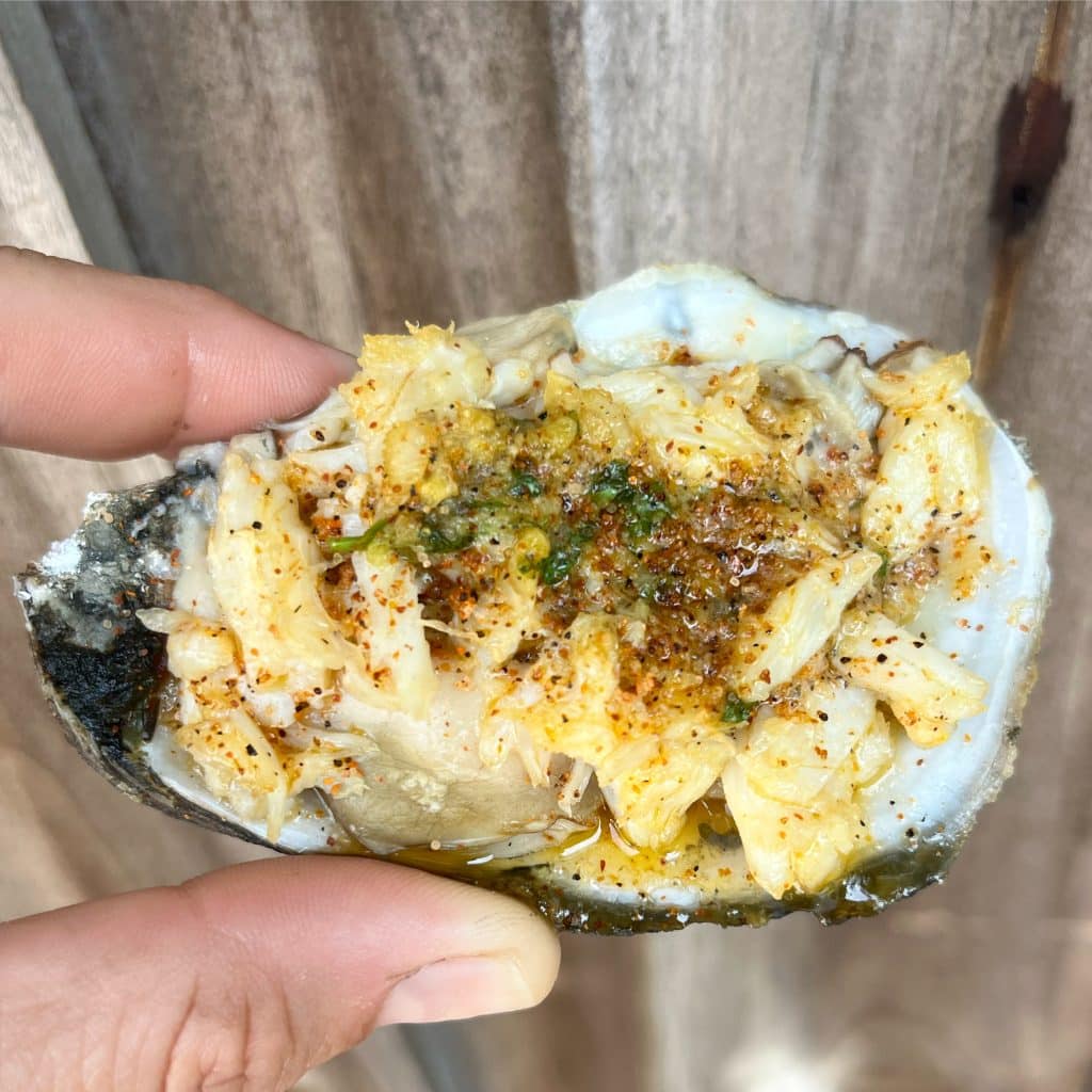 Close up of one stuffed oyster, seasoned perfectly, Orlando, FL