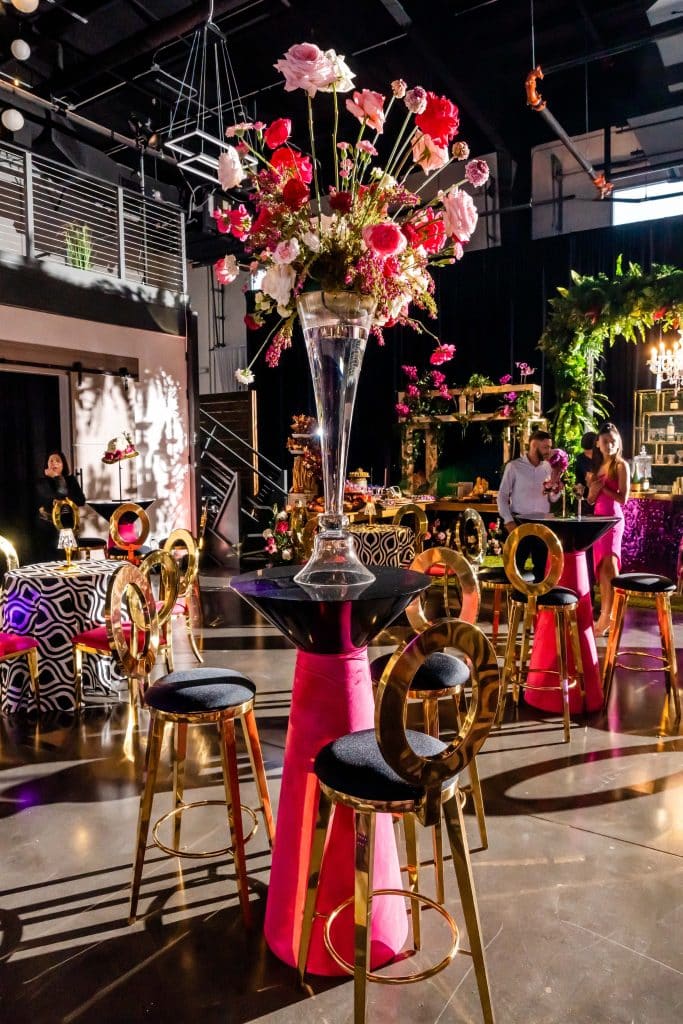 red, black and pink event space coordinated by Elite Celebrations