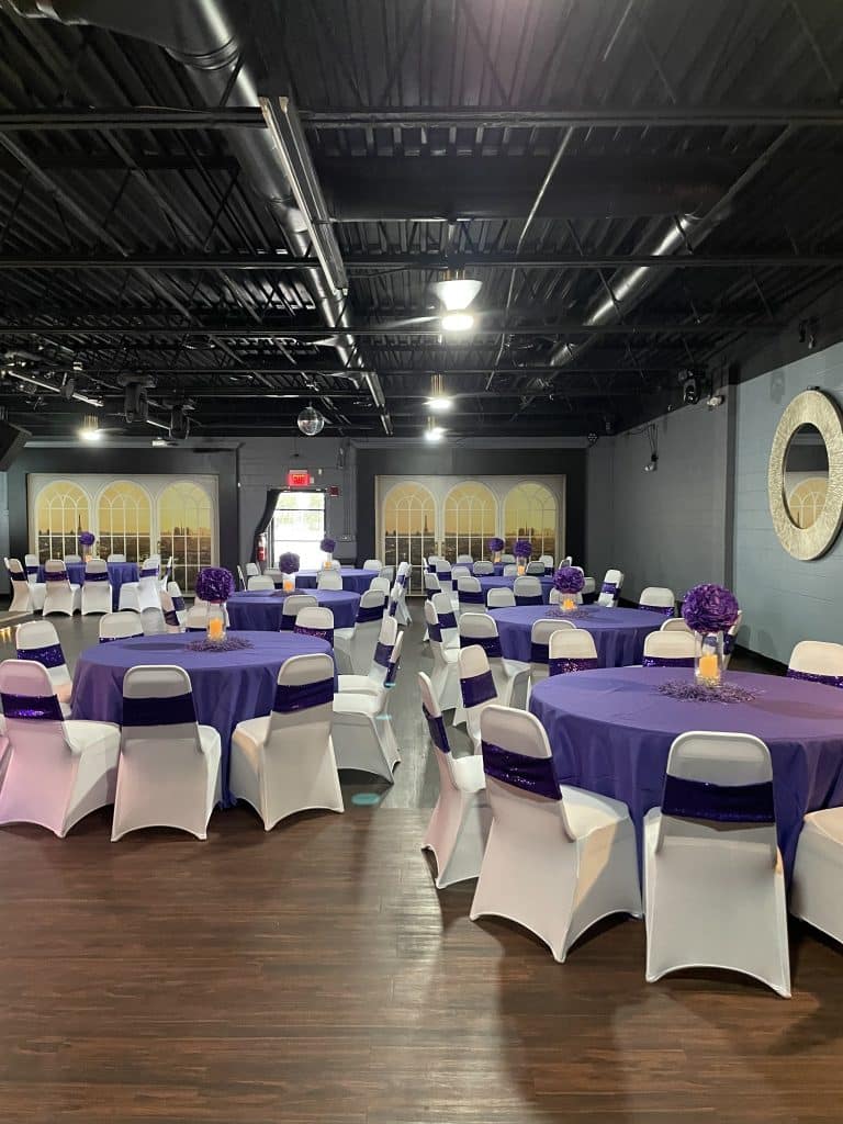 Encima Orlando Event center wedding venue located in Orlando, Florida with purple and white event decor