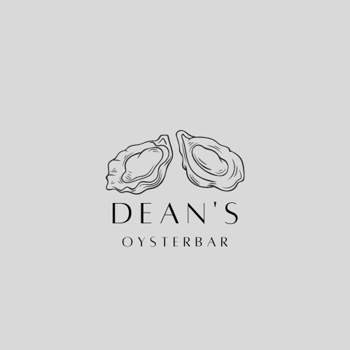 Dean's Oyster Bar logo, grey background, simple black text and outline of two oysters facing each other