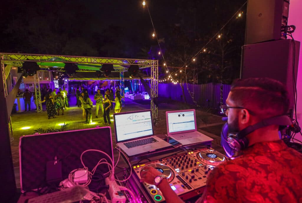 Outdoor set up for a DJ under the lights at the Veranda at Thornton Park, Central, FL