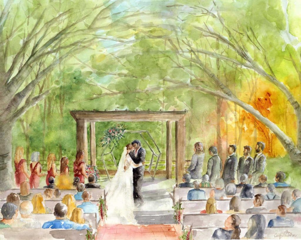 Water color of the bride and groom at the alter with their wedding party on each side, with guests sitting on benches at their ceremony, Central FL