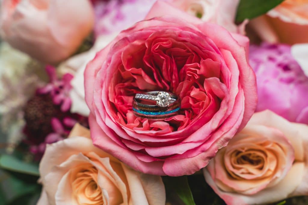 Engagement Ring and Wedding Band nestled inside a pink rose, with peach and pink roses around it, Central FL