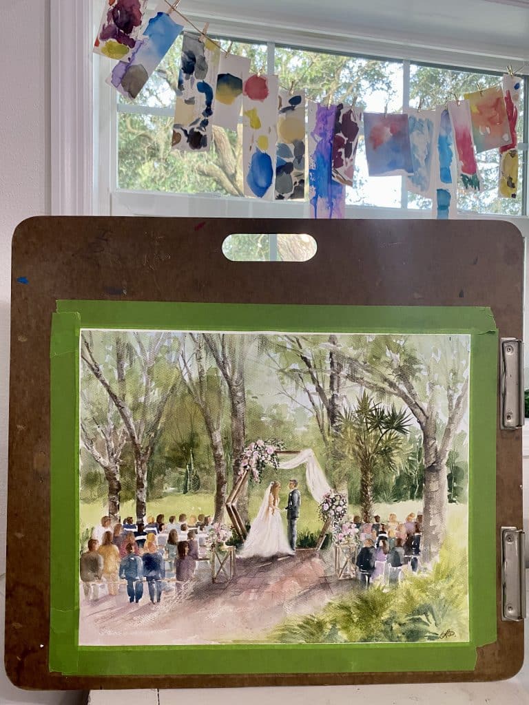 watercolor of wedding ceremony, outdoors in the woods, Central Fl