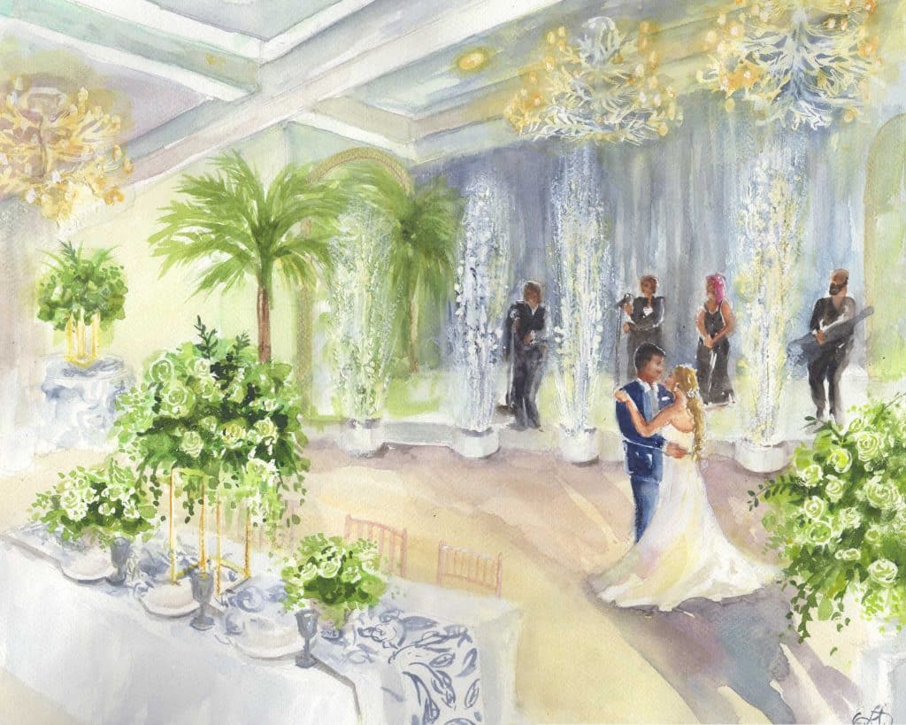 watercolor of a wedding reception, band in the background, bride and groom dancing on the dance floor, tables and chairs surrounding the couple, Caryn Dahm, Central FL