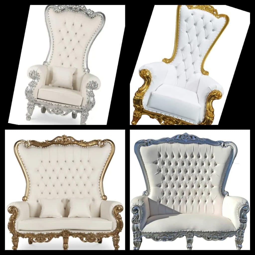 Victorian style chairs with gold and silver accents, white cushions, rentals by JoJo's Glitz and Glam Event Planners, Central FL