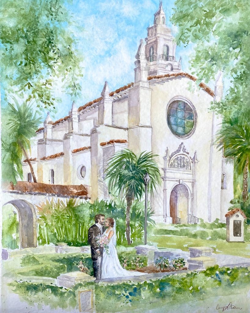water color of the outside of a church, with a wedding couple in the foreground, Central FL