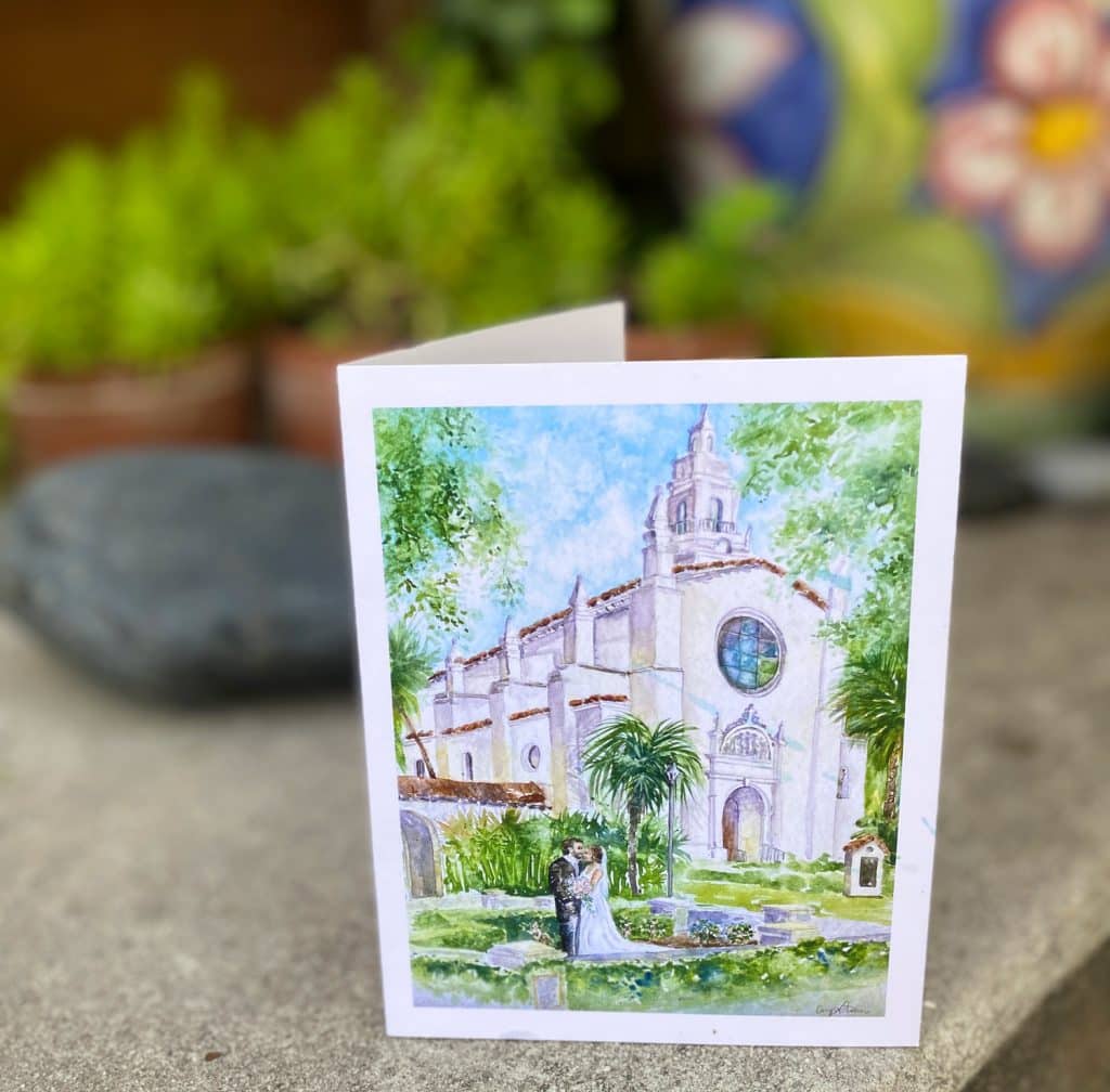 Church watercolor with wedding couple made into note cards, Central FL