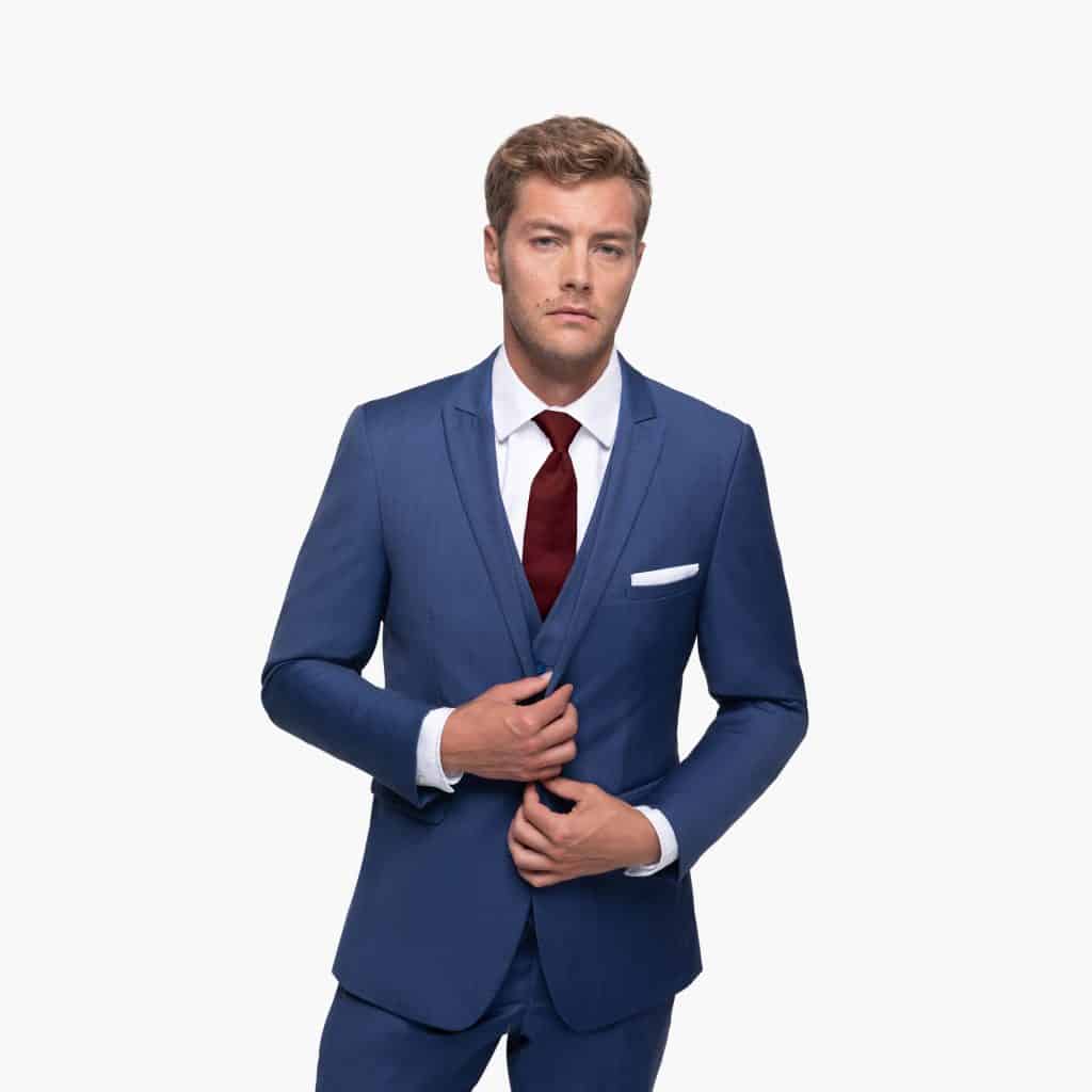 Blue suit with maroon tie and white accent, Generation Tux