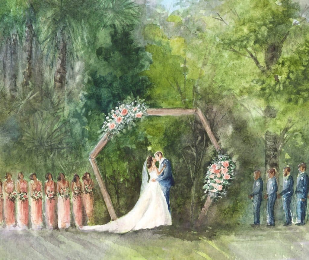 Watercolor of a couple under a wooden arch with their wedding party on each side, Central FL