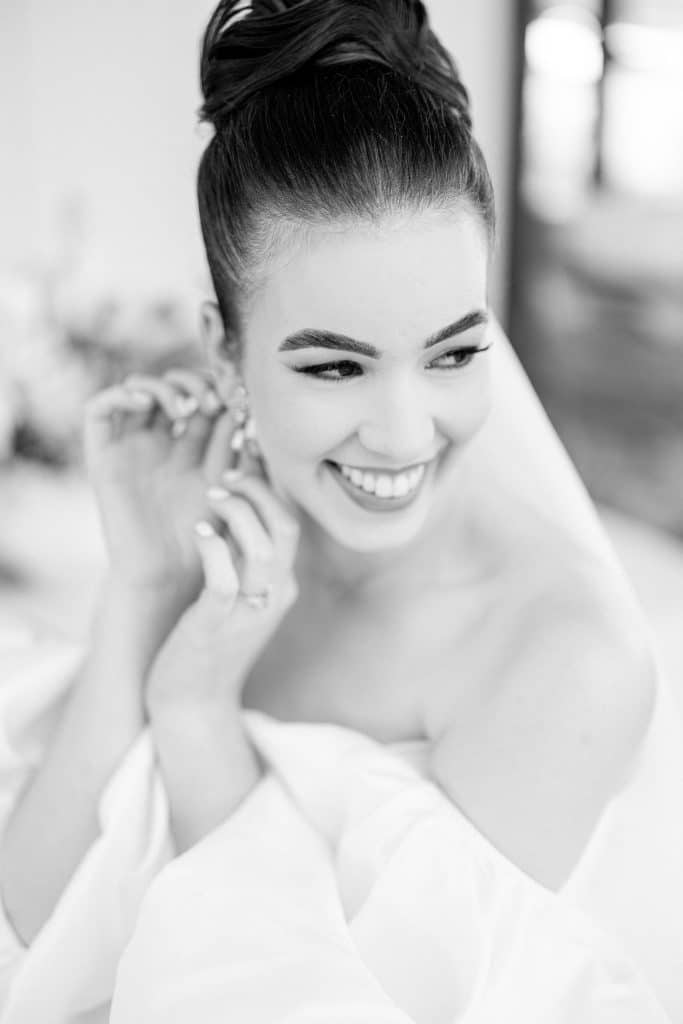 black and white photo of a bride with her hair and make up completed, Central FL