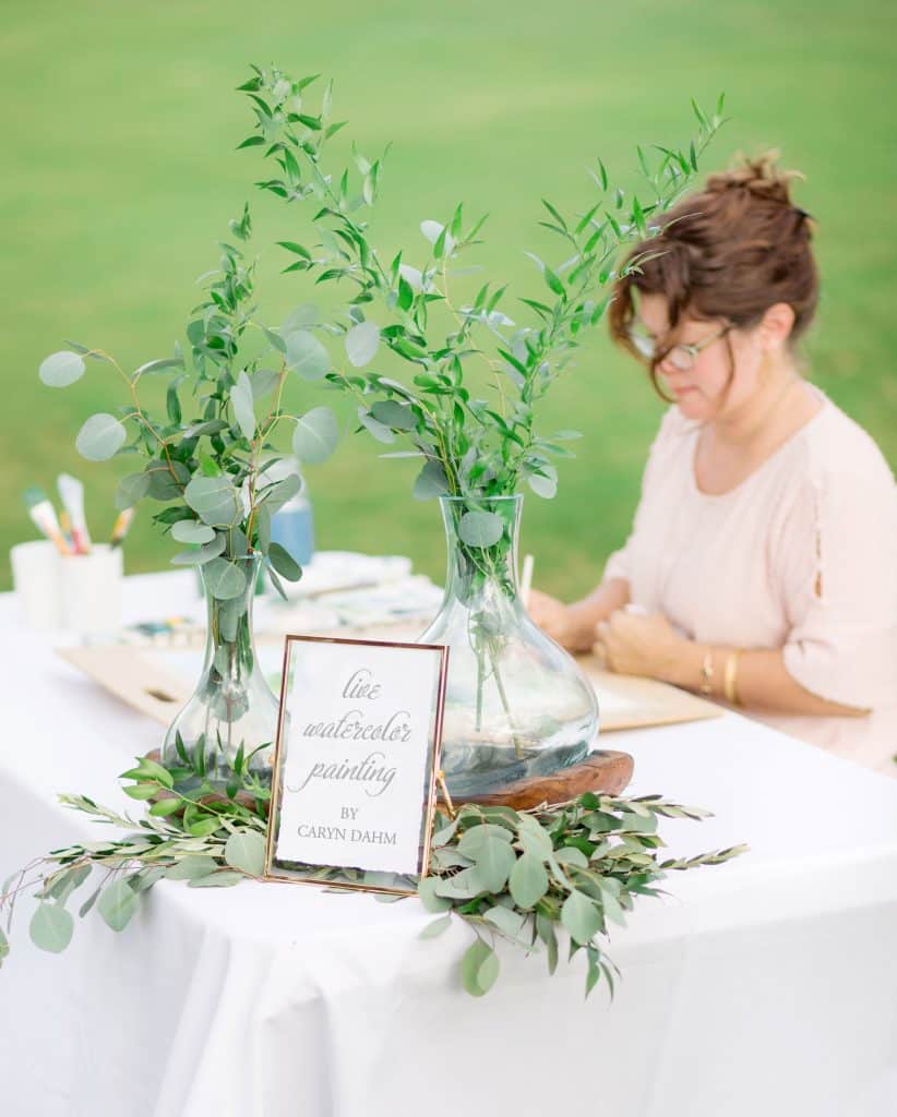 Live watercolor paintings station at a wedding, Caryn Dahm, Central Fl