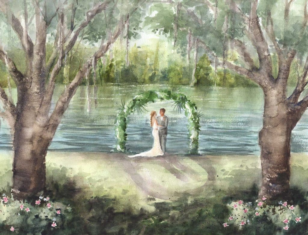 watercolor painting of a couple posing at an alter adorned with greens, at the lake, with large trees on each side, Central FL