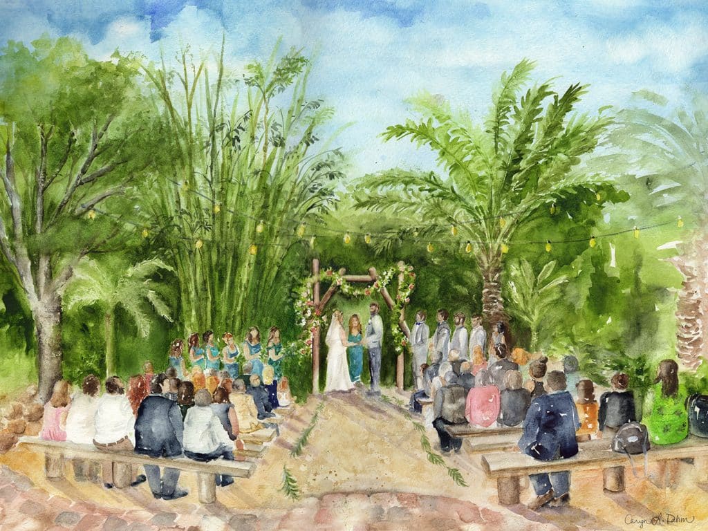 watercolor of a wedding ceremony outdoors under the palm trees, with blue skies and vibrant colors throughout, Caryn Dahm, Central FL