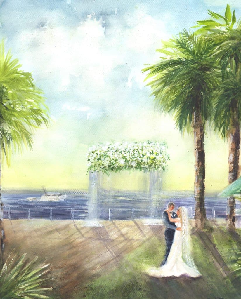 watercolor painting of a couple on the grass, near the beach with the water in the background, alter in the background with white flowers on top, palm trees to the side, Central FL
