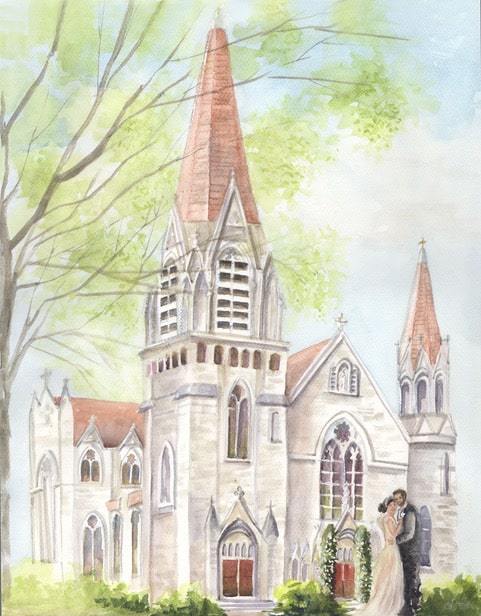watercolor painting of white church with red roof, Central FL