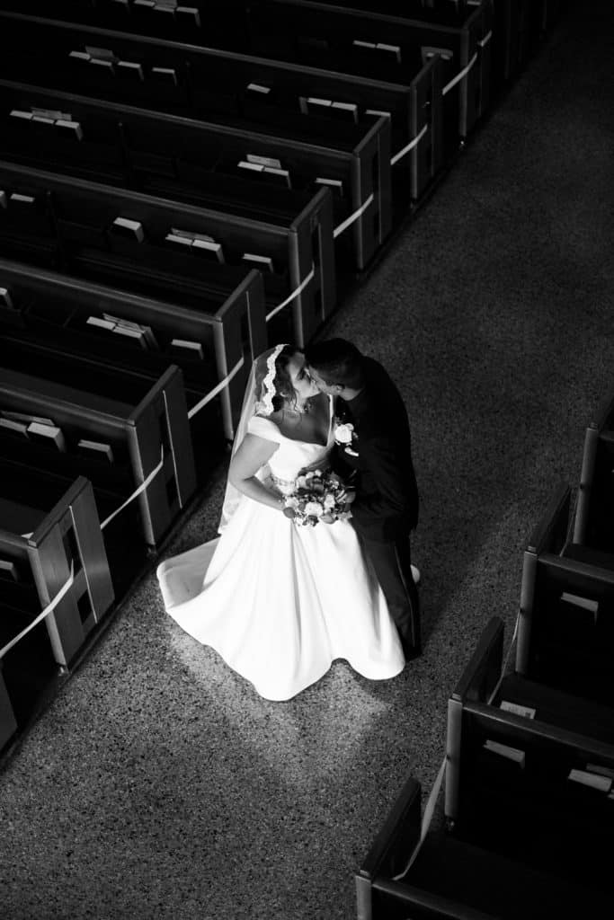 Aerial view of the bride and groom in the church, black and white photo, Alicia Frost Photography, Central FL