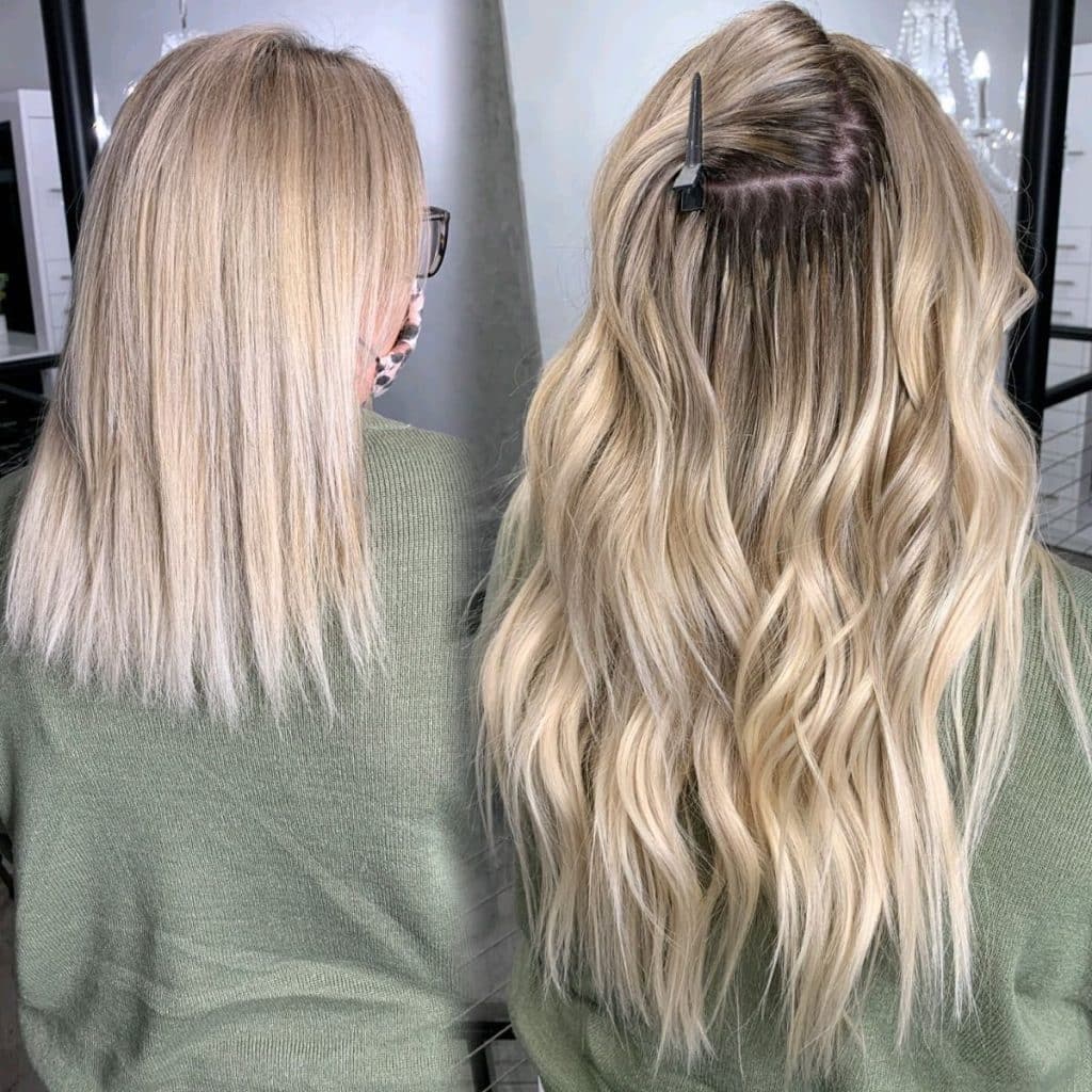 before and after image of ash blonde hair extensions by millionaire beauty brands in orlando florida