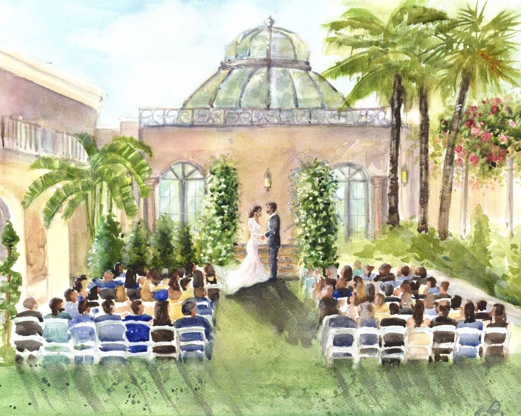 Watercolor of a bride and groom at their ceremony, with guests watching from the audience, outdoors, at their venue, Central FL