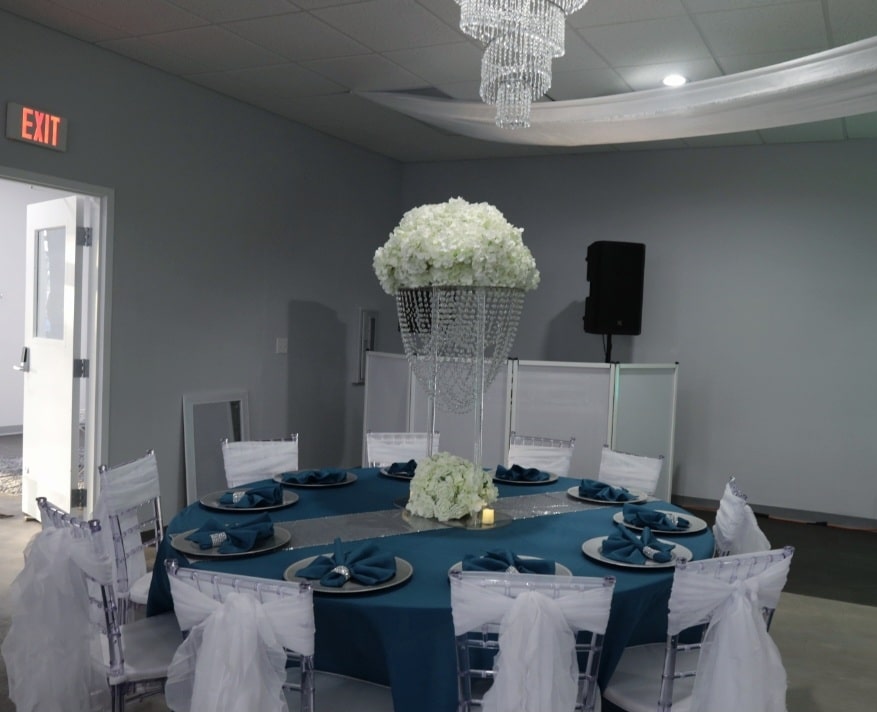 Different view of the teal tables at a reception, JoJo's Glitz & Glam Event Planning, Central FL
