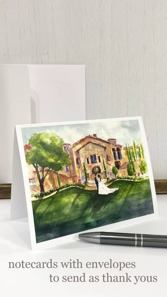 Watercolor of a venue with a couple in front, made into note cards and envelopes to send as a thank you, Caryn Dahm, Central FL