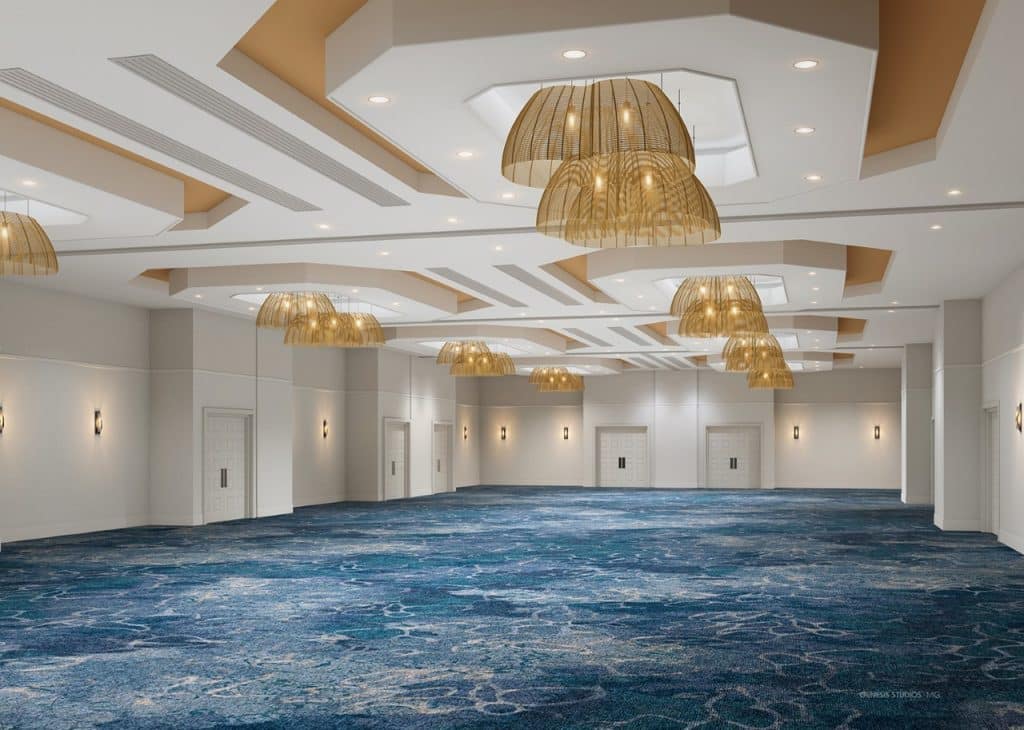 spacious ballroom with blue carpet, golden light fixtures, Delta by Marriott Orlando Celebration, Central, FL