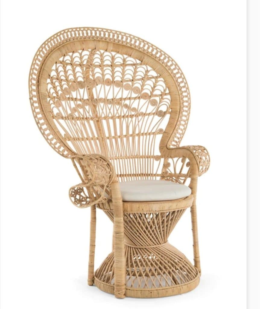 Large wooden high back chair rental with a white cushion, central fl