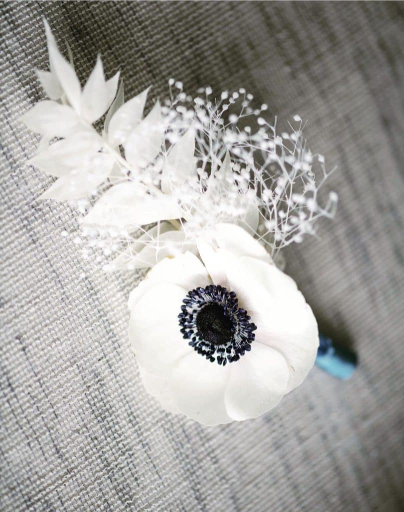 Bouquet of all white flowers accompanied by Baby's Breath with a blue ribbon, Central, FL, JF Events and Flowers
