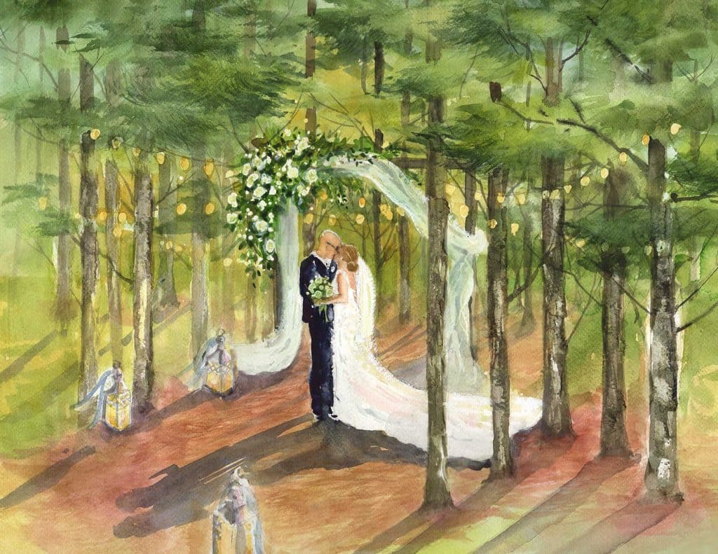 watercolor of a bride and groom outdoors in the woods, under their alter adorned with white sheer fabric, with tall trees, Central FL
