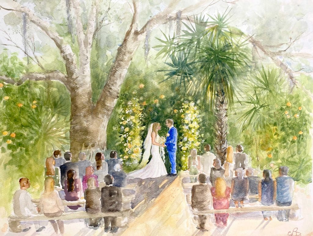 watercolor of the wedding ceremony, bride and groom at the front with guests sitting on benches under the trees, Central FL