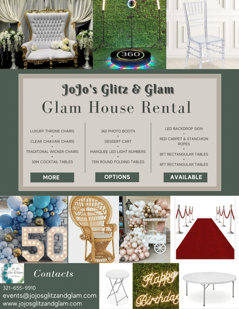 Graphic created to advertise the services that JoJo's Glitz and Glam Event Planning offers, including rentals, numbers that light up, tables, chairs and saloon decor, Central FL