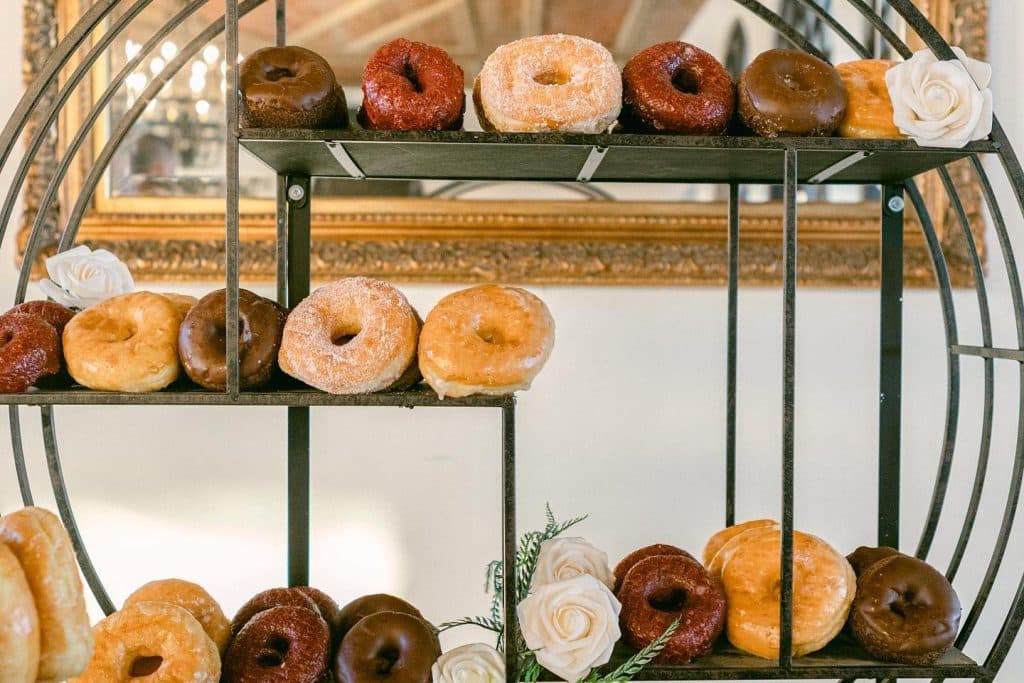 Close up of the donut display, on a three tier stand, Creations Cuisine Inc, Central FL