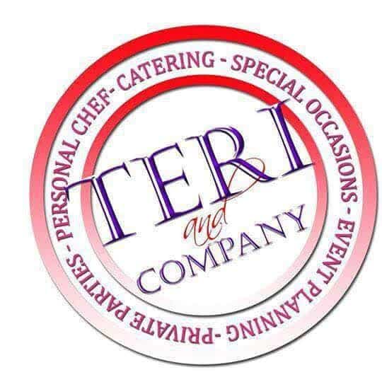 Teri & Co Catering Services logo, a circle within a circle, TERI and Company in the middle, the narrow outer circle specifies which services they provide, private parties, personal chef, catering, special occasions, event planning, Central FL