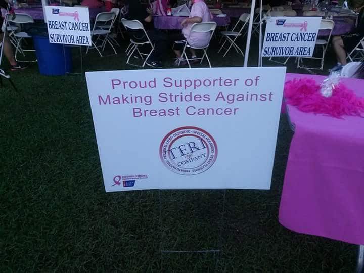 Lawn Sign at an event stating that they support Making Strides Against Breast Cancer, Teri & Co Catering Services, Central FL