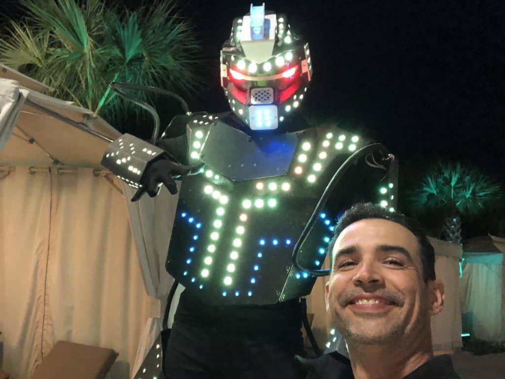 DJ with a robot all lit up at an event, Dash of Class Platinum, Orlando, FL