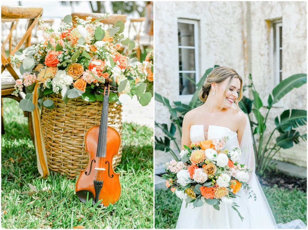Split photo, left side a violin with a large flower arrangement of white, peach and pink flowers and the right side is a bride with her bouquet, outside, Rachel Durrum Music LLC, Orlando, FL