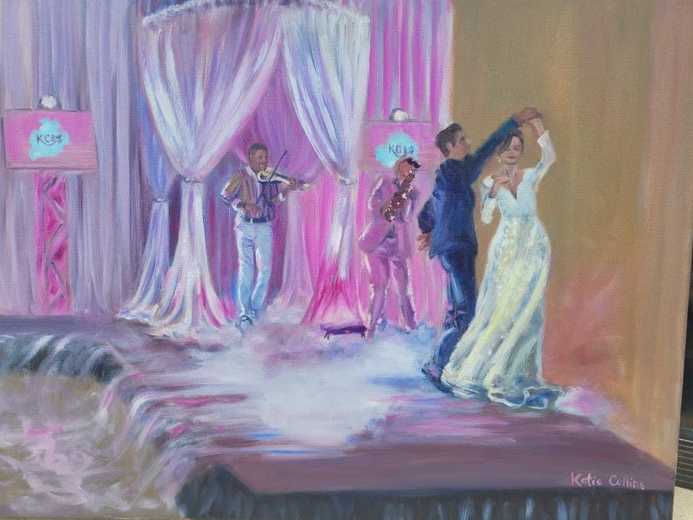 Painting of a runway with wedding attire modeled by a man and woman in a wedding gown and suit, others walk behind, Dash of Class Platinum, Orlando, FL