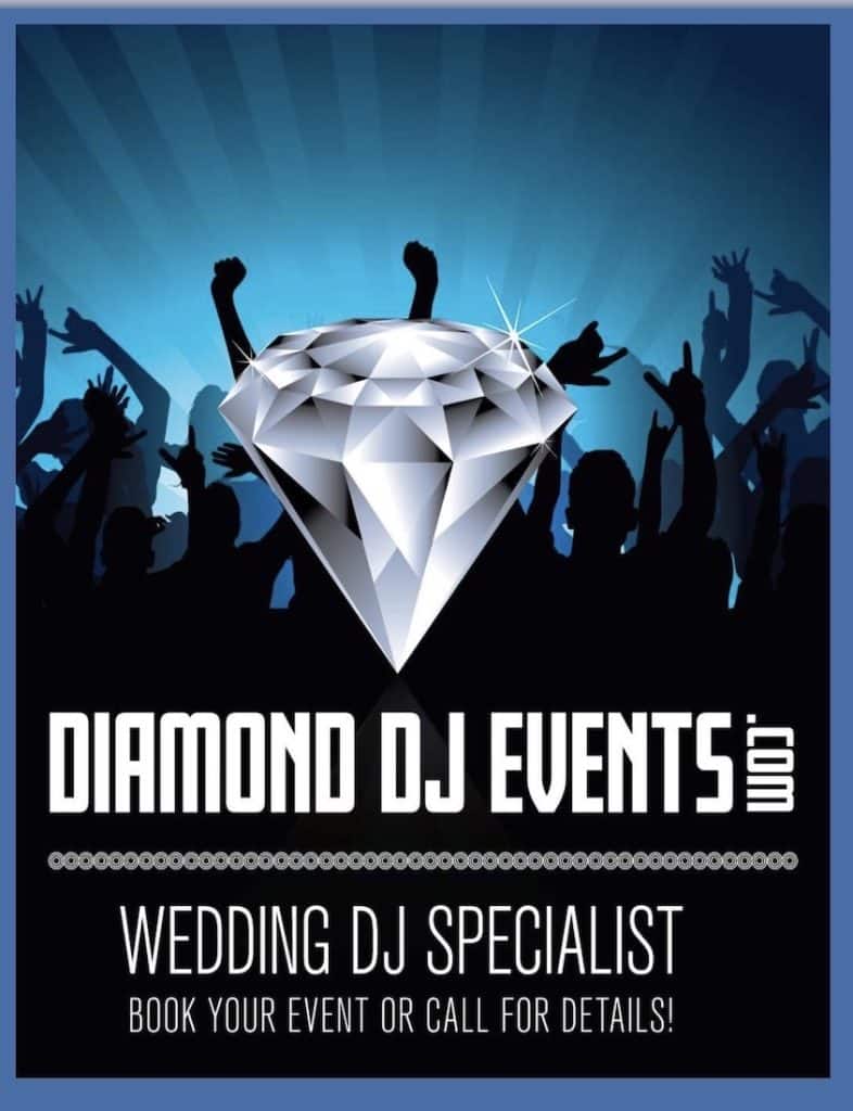 Diamond Dj Events logo, black and blue background, white text, wedding dj specialist, Orlando, FL