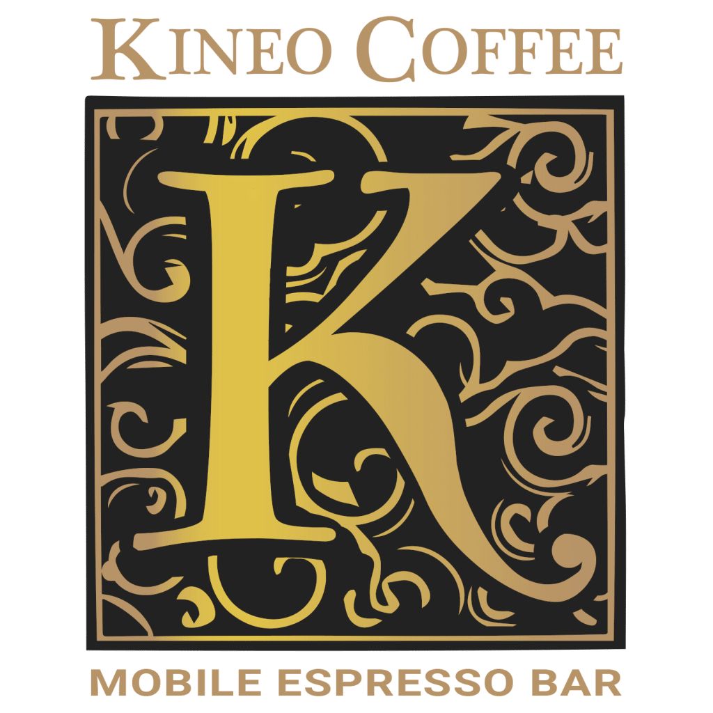 Kineo Coffee logo, large gold K, name of business in gold text, on top of the K in all caps, Mobile Espresso Bar in all caps under the K, gold circular designs around the K, Orlando, FL