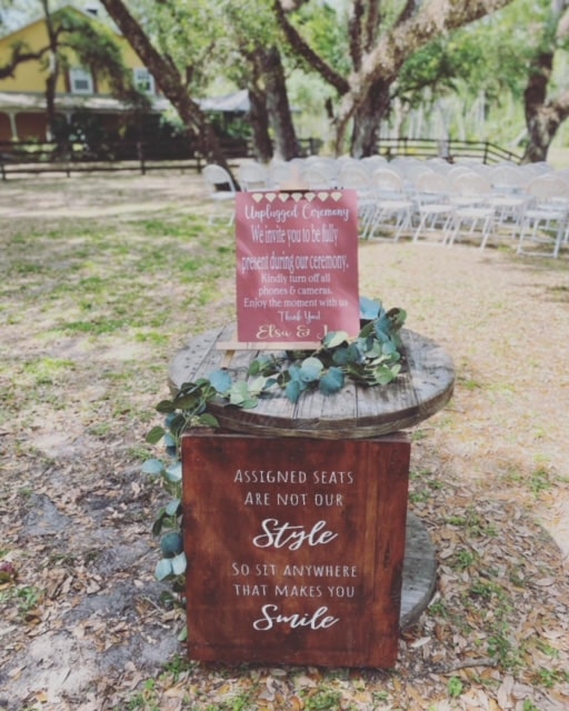 Wedding ceremony sign for where guests should sit, outdoors, wooden sign, Orlando, FL