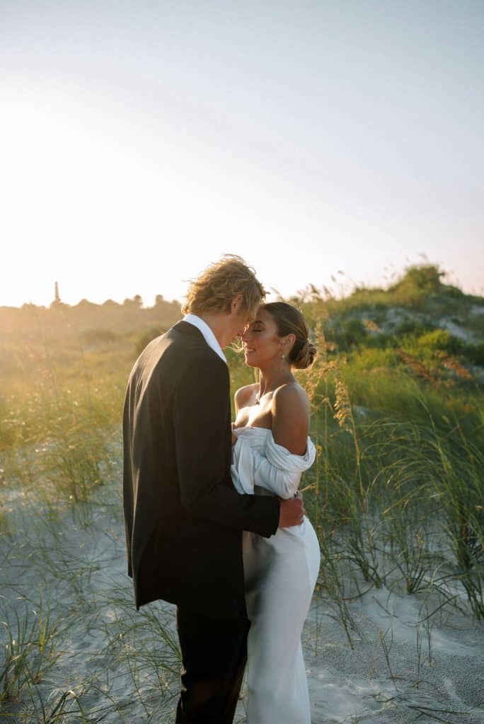 bride and groom ready for a kiss in the same, near the beach, before sunset, Central FL