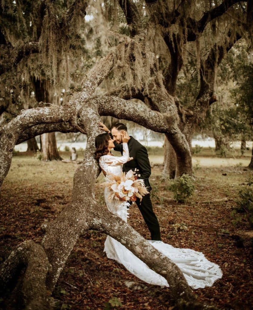 bride and groom kissing under trees, leaning on a large tree branch and roots, Central FL