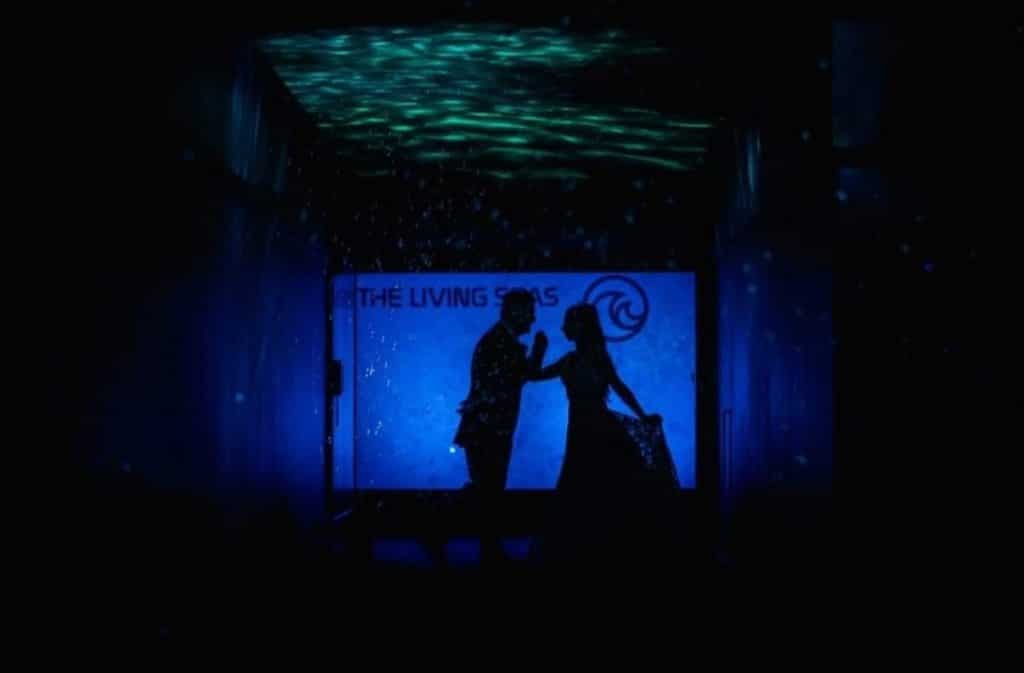 bride and groom dancing at their reception, dark room with blue light behind them, Orlando, FL
