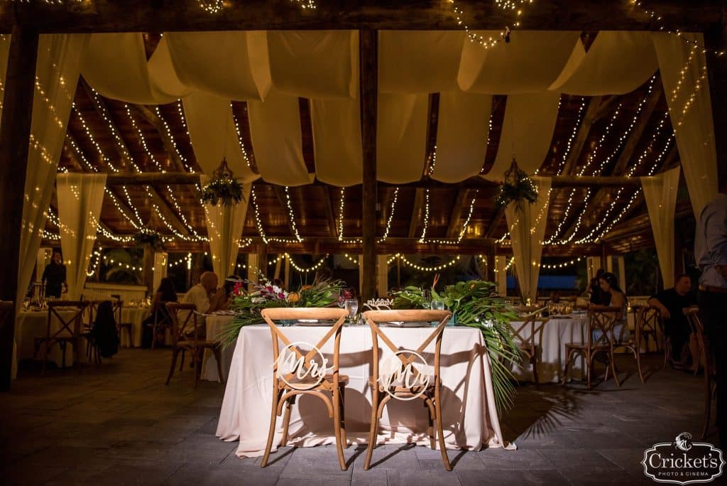 head table, wooden chairs, highlighted by soft lighting, central fl