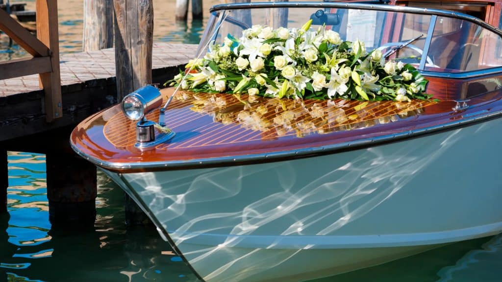 yacht at the marina, Evermore Orlando Resort, large white flower arrangement atop the boat, Orlando, FL