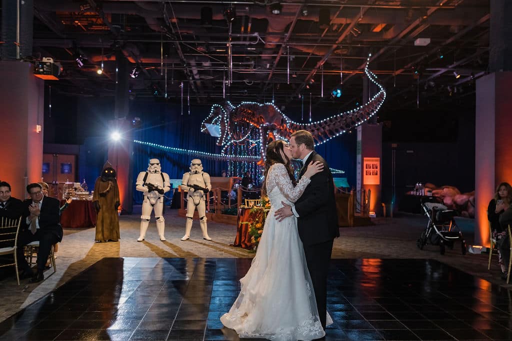 bride and groom first dance in star wars wedding at the orlando science center