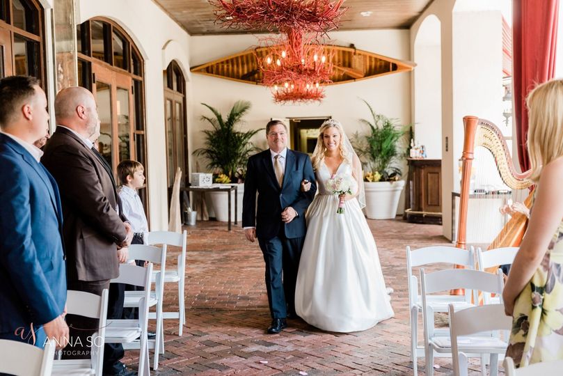 bride coming down the aisle with her dad, indoor ceremony, harp player, Orlando, FL
