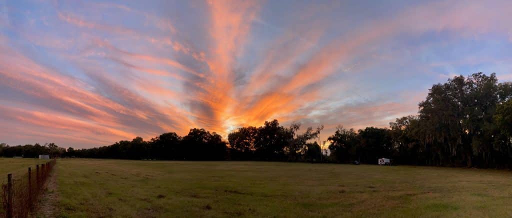 large open field, sunset, purple and orange sky, Grass Campers Event Venue, Orlando, FL