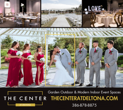 The Center at Deltona wedding venue in Deltona Florida featuring garden outdoor ceremony space with pergola arch and bridal party in red gowns and gray suits alongside modern indoor ballroom and banquet hall reception spaces